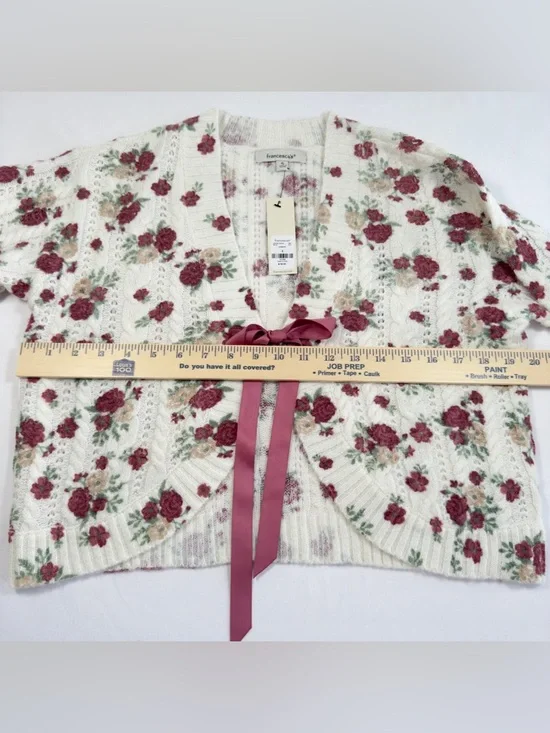 Francesca's Floral Ribbon Tie Cardigan Small Ivory Mauve Cottagecore NWT - Picture 11 of 15